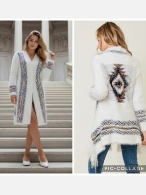Northern Angel Rainbow Fuzzy Tribal Cardigan With Aztec Pattern